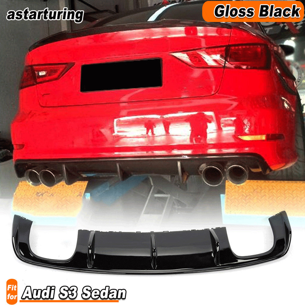 FRP Glossy Black Rear Bumper Diffuser Lip Quad 4 Tips for Audi S3 Sedan 2013-16