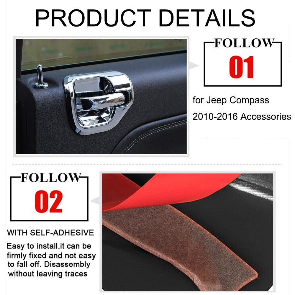 4PCS Chrome Inner Door Bowl Handle Shell Cover Trim for Jeep Compass 2010-2016