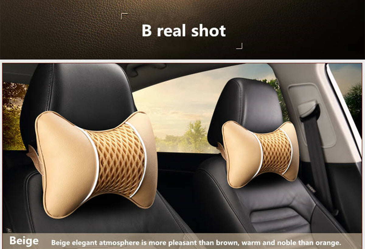 2x Headrest Pad PU Leather Car for Seat Pillow Head Neck Rest Support Cushion Beige