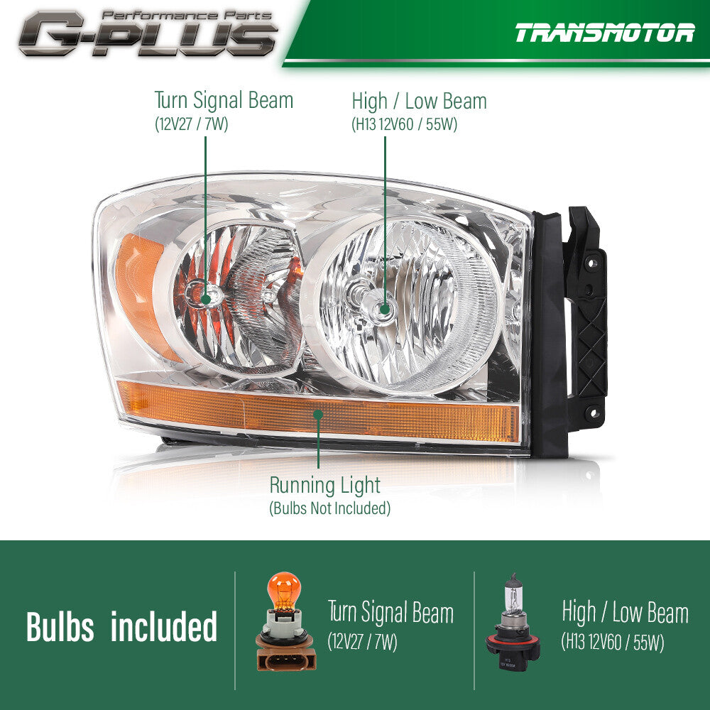 Passenger side lights in chrome/amber tint suitable for 2006-2009 for Dodge for Ram 1500 2500 3500