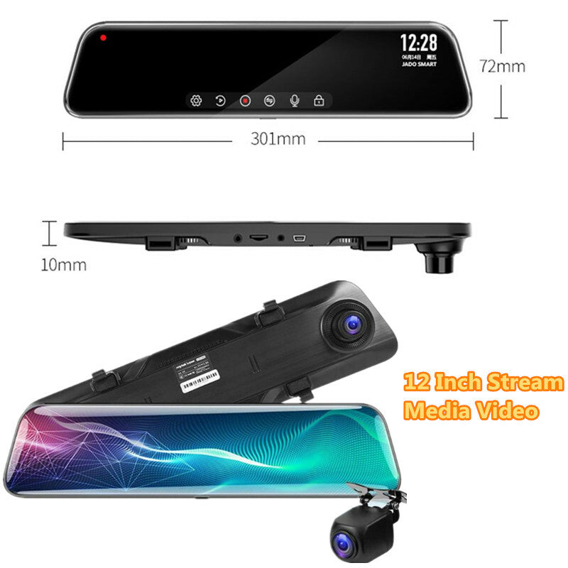 Car DVR 12 Touch Mirror Dual Lens Dash Cam Video Recorder With Rear View Camera