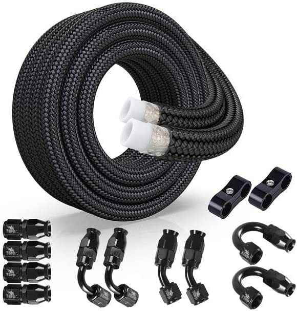8AN-AN8 Black 20ft Nylon Braided PTFE Fuel Line 10 Fittings Hose End Kit for E85