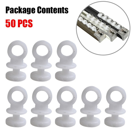 50 Plastic curtain track hooks and casters suitable for campervans, RVs, and boats.