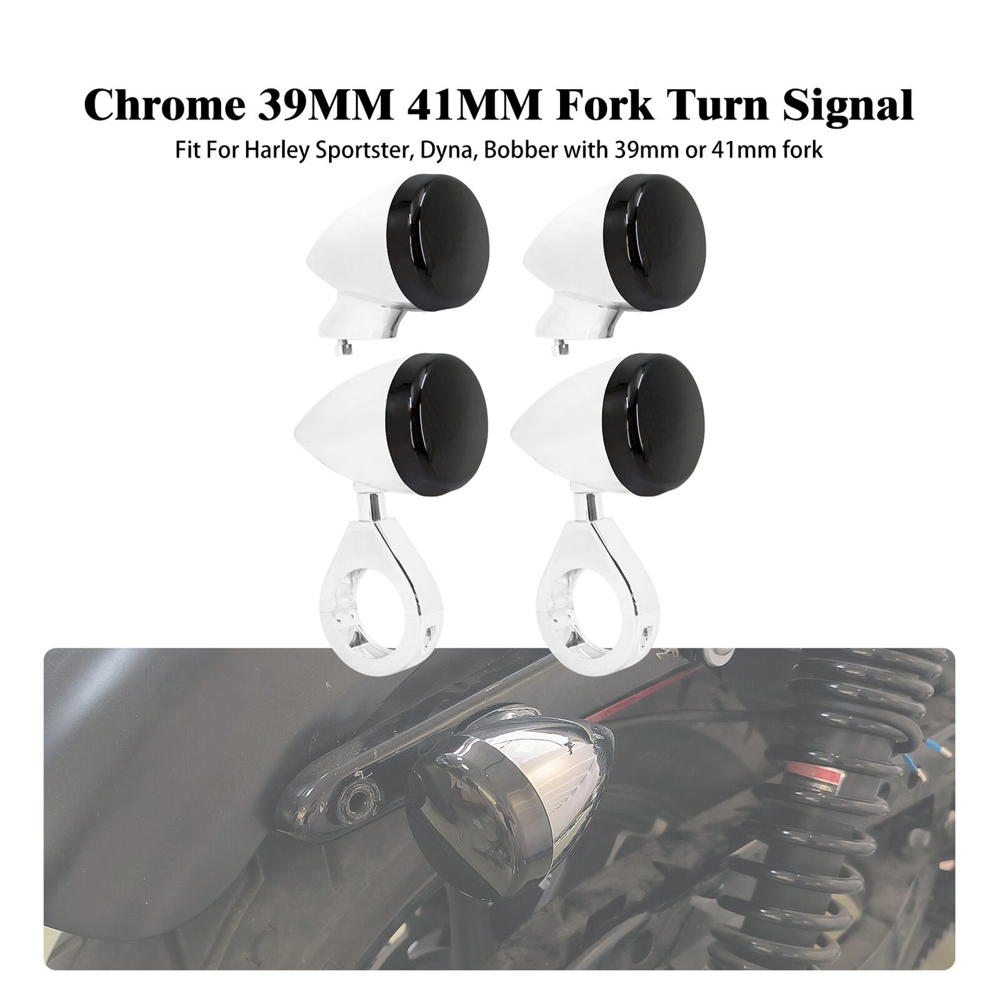 4x Chrome Front Rear LED Turn Signal Light 39 41mm Fork w/ Black Lens for Harley
