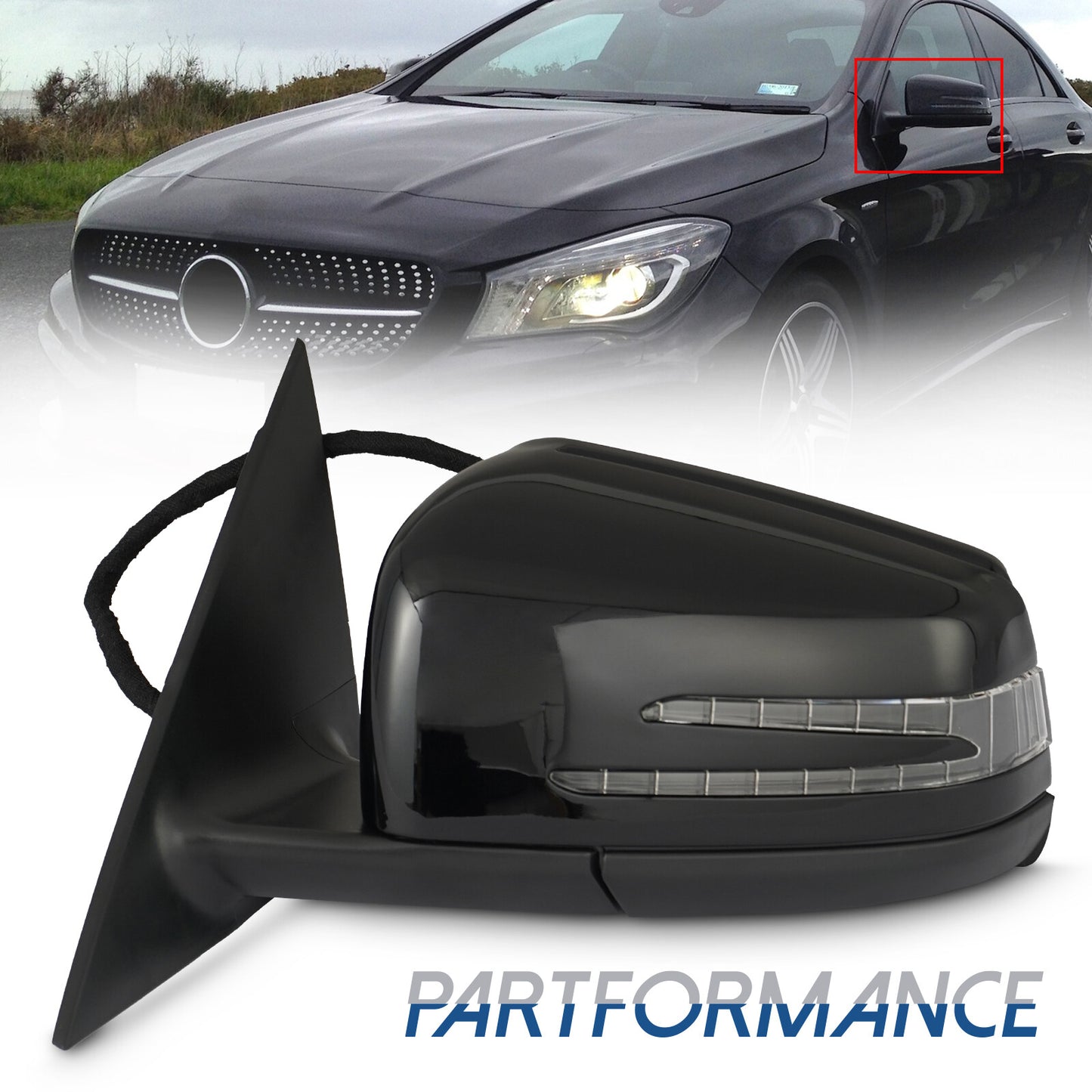 Black left-hand cue with mirror finish and blind spot, suitable for Mercedes 14-18 CLA250 CLA45