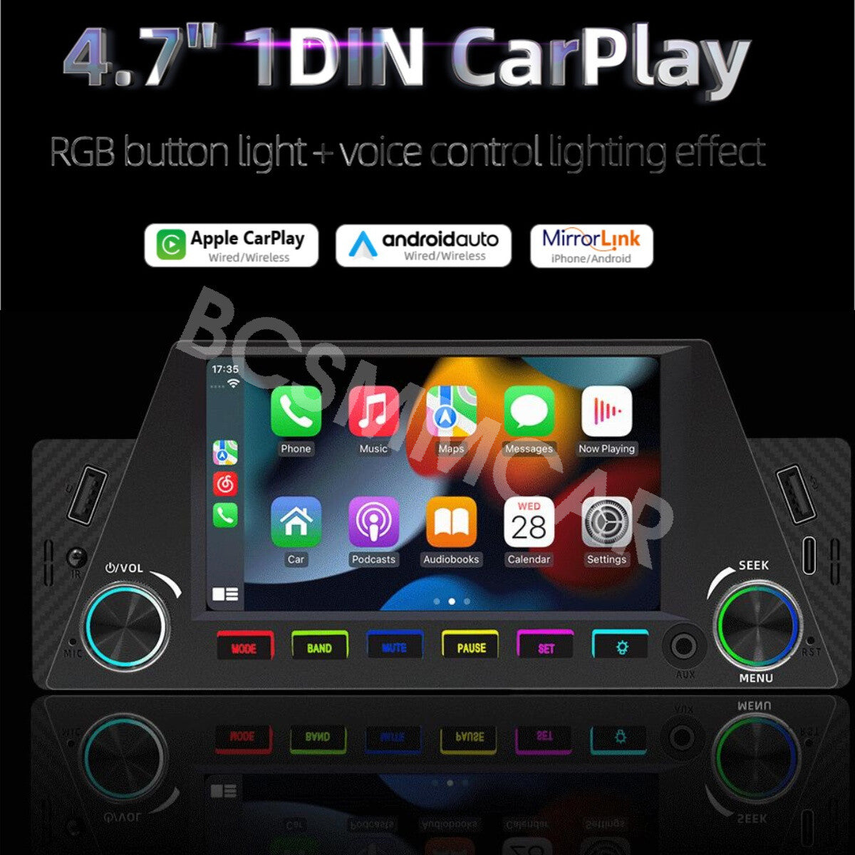 4.7in 1Din For Apple CarPlay Android Auto Car Stereo Radio Bluetooth Camera