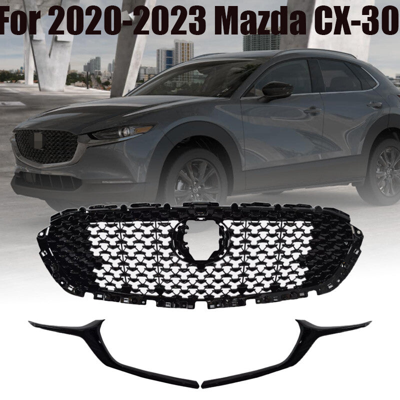 For 2020-2023 for Mazda CX-30 Gloss Black Front Grille And Front Grille Molding Trim