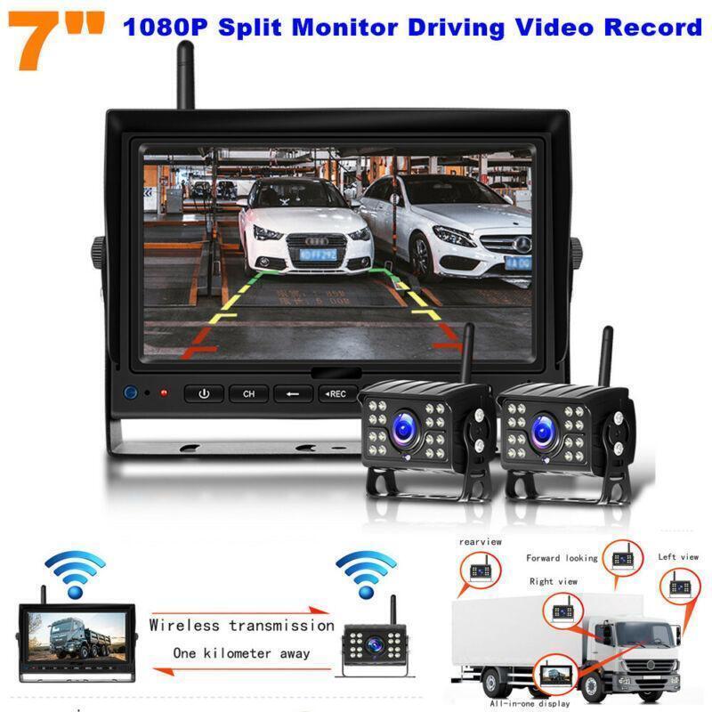 9-35V 7 Digital Reversing 1080P Split Monitor + Backup Camera Record Video DVR