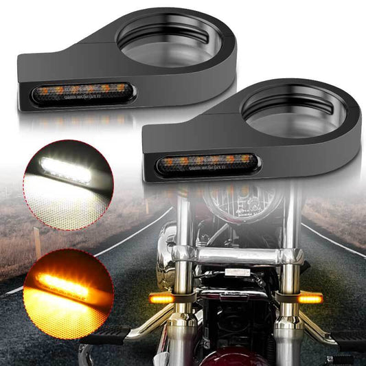 Motorcycle 41mm Fork Clamp Front LED Turn Signals Blinker Light Amber+White DRL