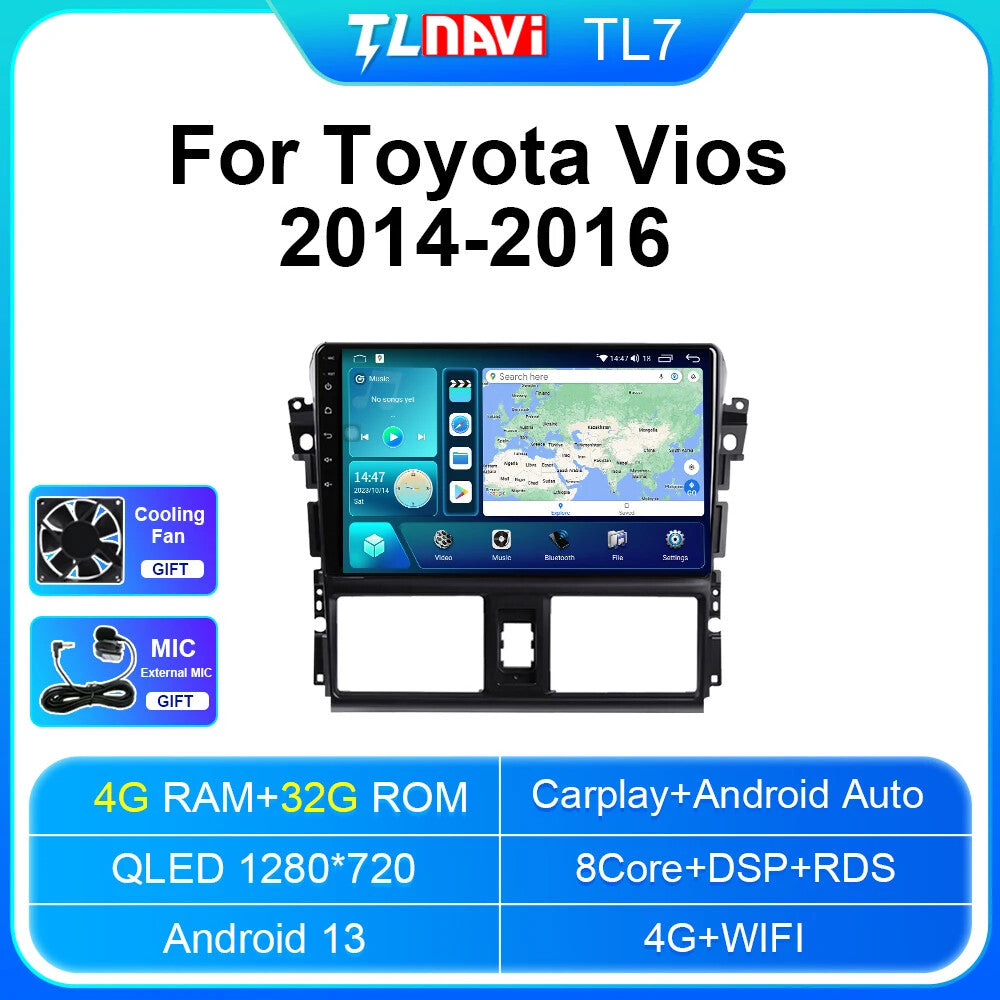 for Toyota Vios 2014-2016 Stereo Car Radio CarPlay Screen GPS Multimedia Player