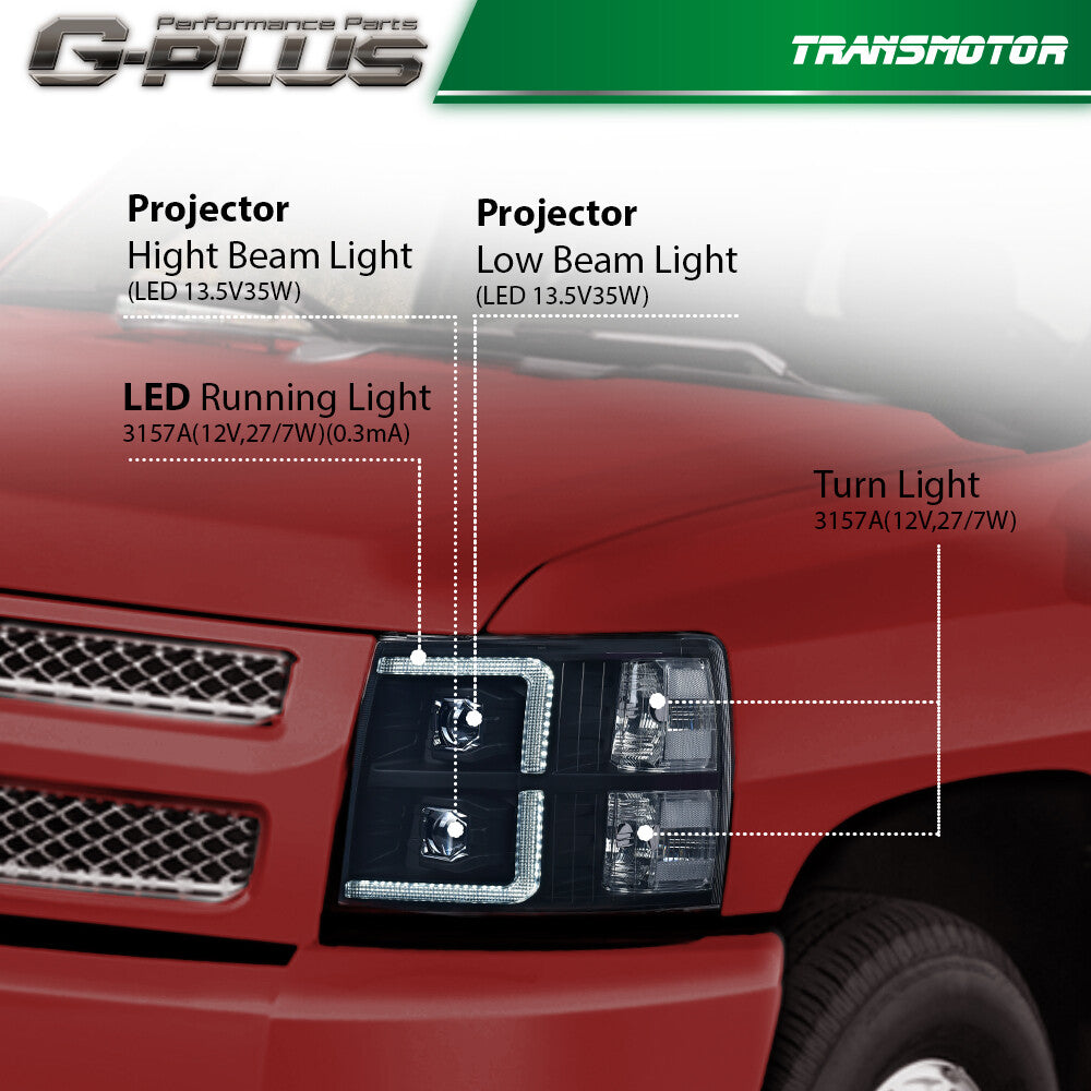 Suitable for 2007-2014 for Chevrolet Silverado headlights with black housing and smoked lens.