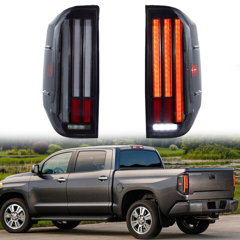 Smoked LED taillights with LED DRLs for 2014-2021 for Toyota Tundra models.