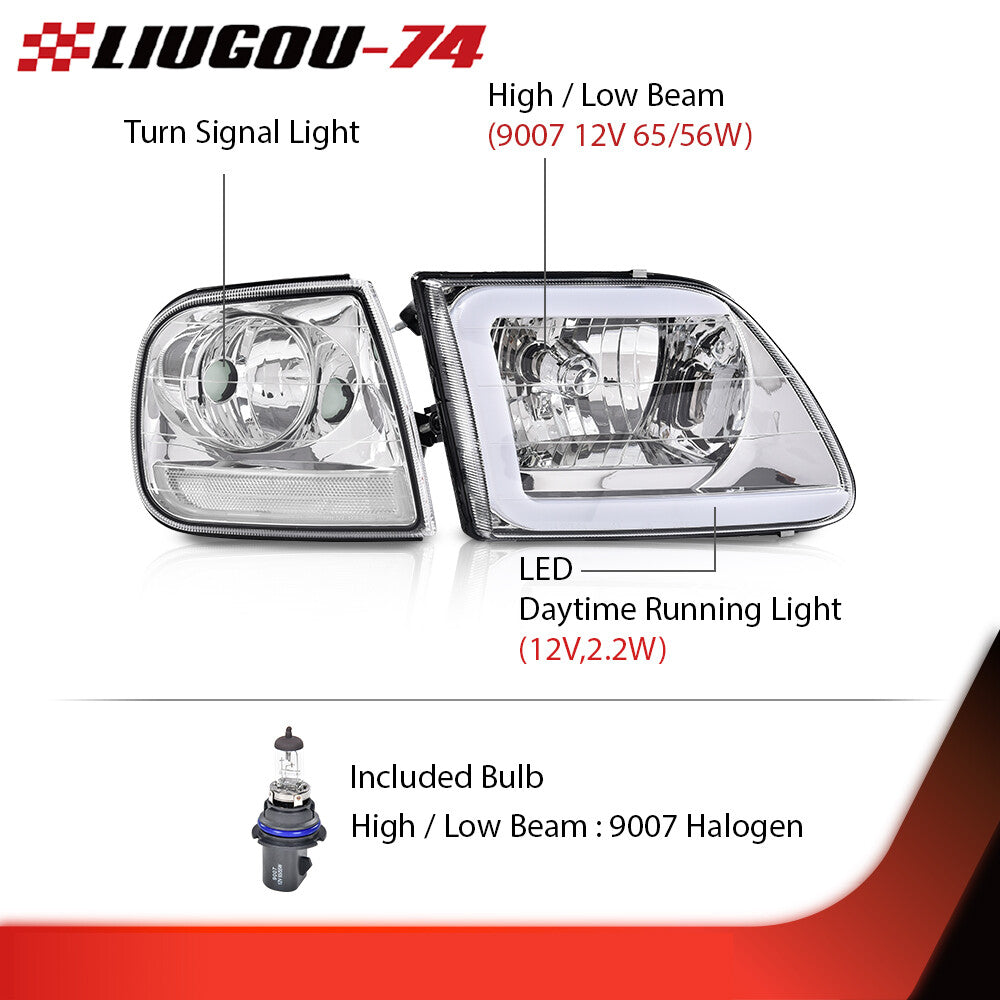 Chrome/clear LED DRL headlights and cornering lights suitable for 97-04 F-150 Expedition