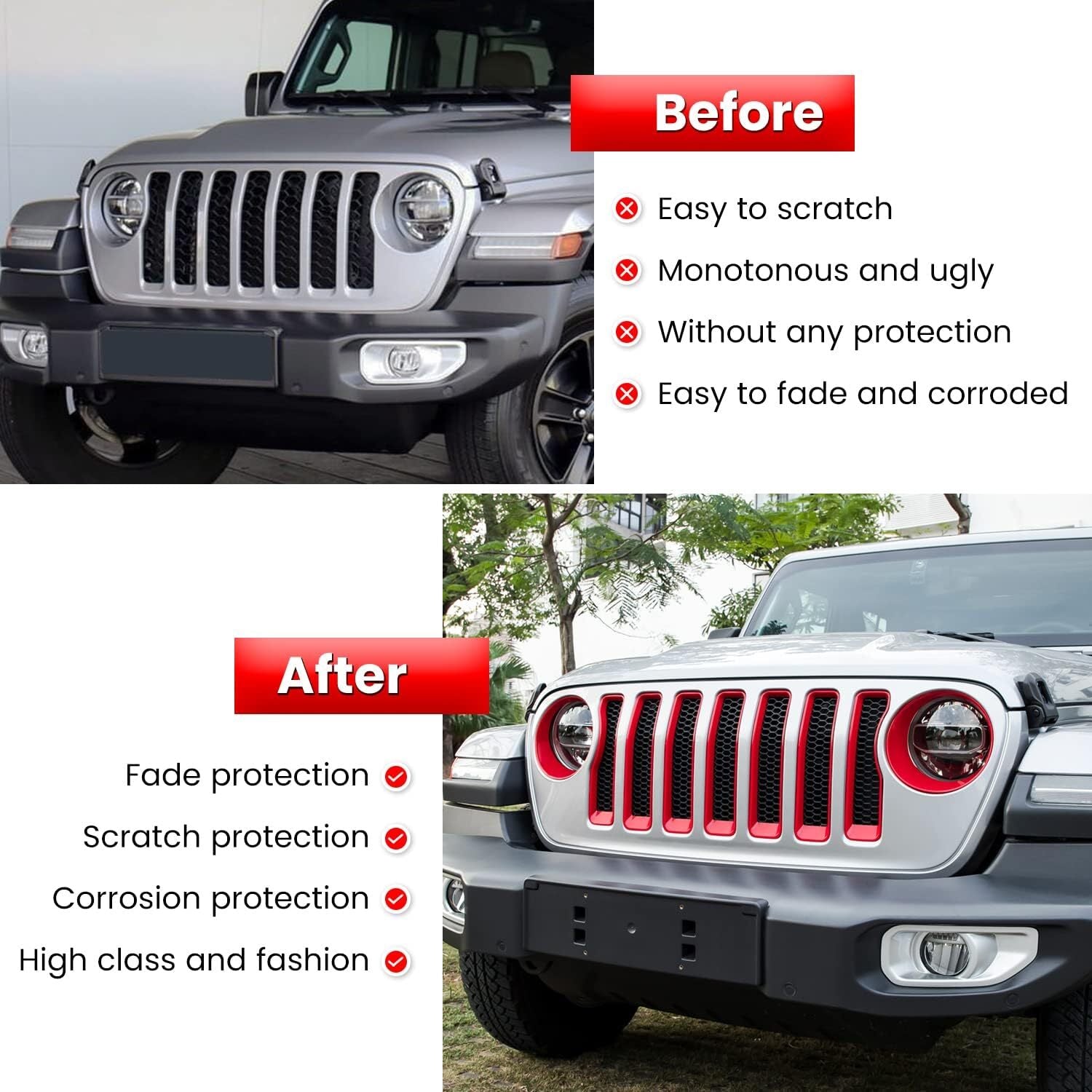 Red front grille inserts and headlight trim covers are available on the for Jeep for Wrangler JL Unlimited.