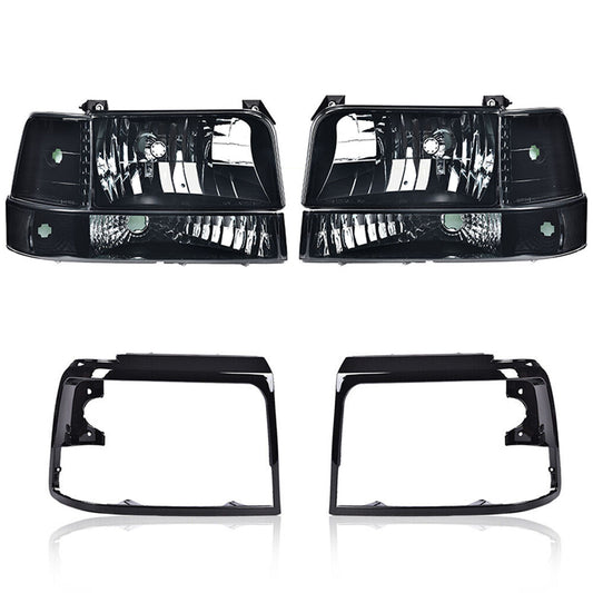 Suitable for 92-96 F150 F250 F350 Smoked/Transparent Headlights + Black Headlight Bezels