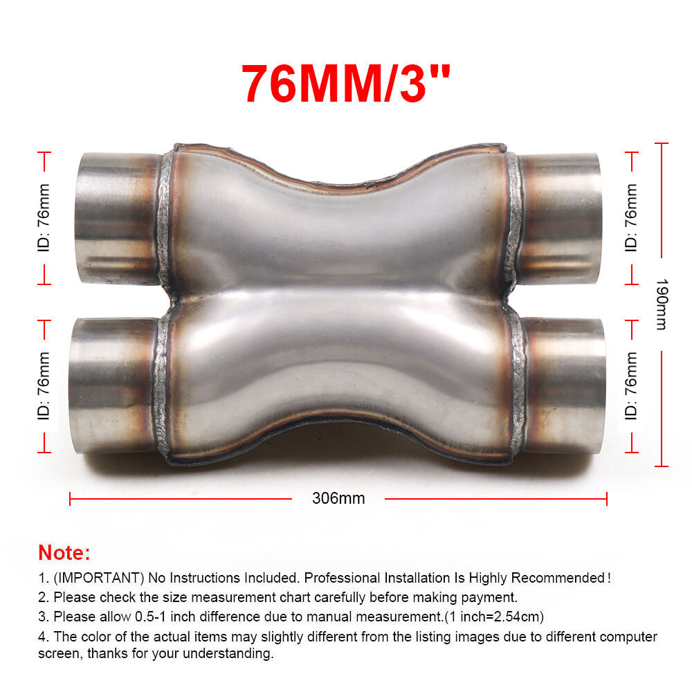 Exhaust Crossover X Pipe 3 Universal Dual Inlet/Outlet Exhaust Pipe Tip Adapter