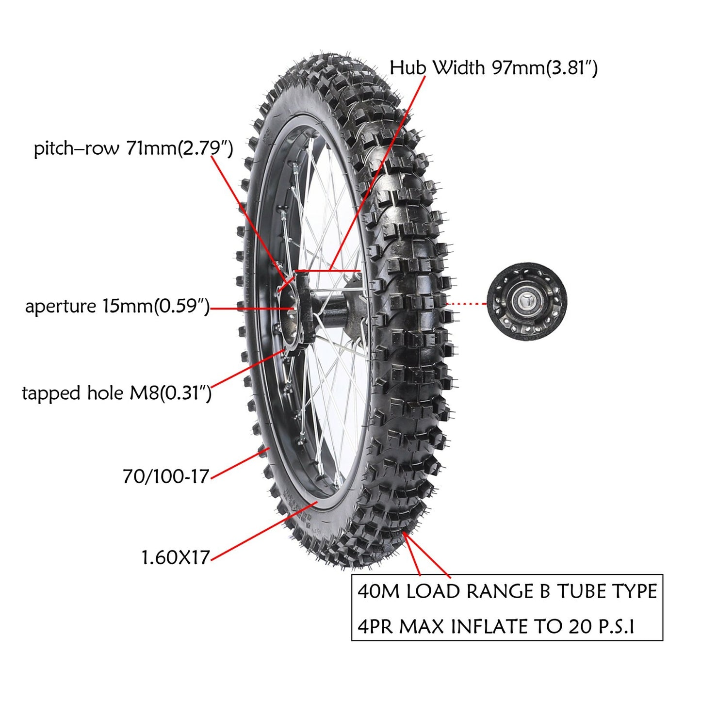 17-inch front wheel 70/100-17 tire and rim assembly for Dirt Pit bikes Apollo 125CC 150CC