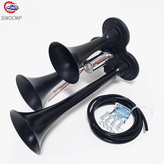 Train Air Horn Triple Trumpets Loud Sound for Car Truck SUV Black 12V 24V 300DB