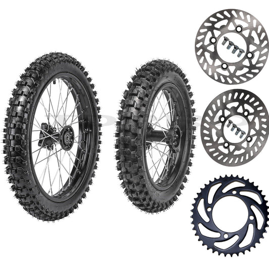Front 70/100-17 + Rear 90/100-14 tires, wheelset, sprocket, and grooved tires for a 125cc SSR bicycle.