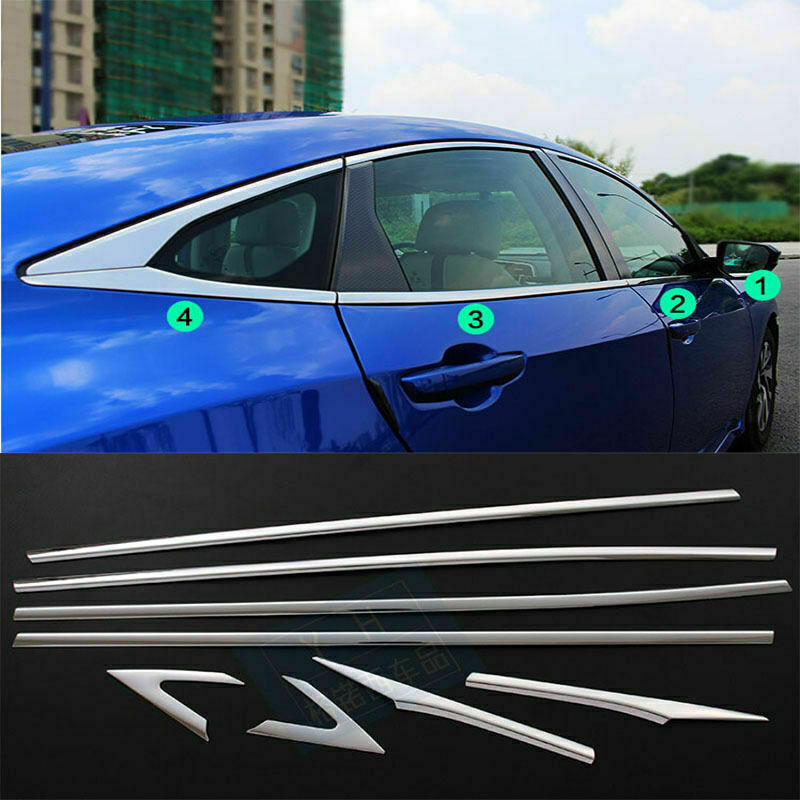 Silver Lower Window Frame Strips Steel for Honda for Civic 10th 4dr Sedan 2016-2021