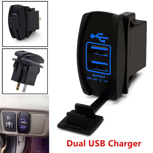 Car charger with 5V 3.1A dual USB ports, blue LED indicator, waterproof power supply.