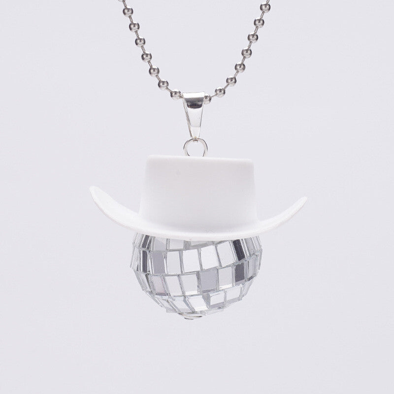 Cowboy Hat Disco Ball Car Ornamen Shiny Rear View Mirror Hanging Acessory White