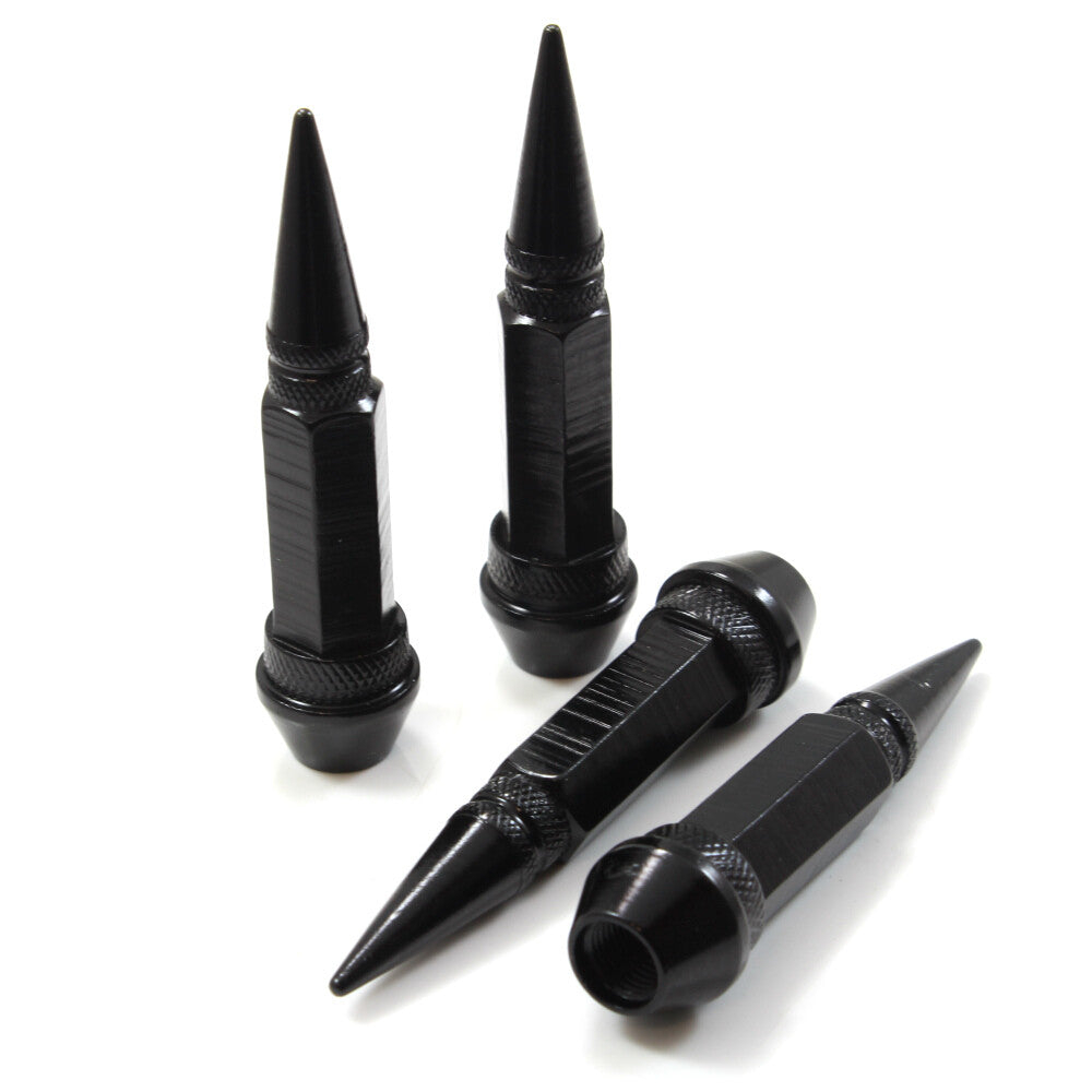 4 Black Aluminum Metal Long Spike Wheel/Tire Valve Stem Car-Truck Air Caps