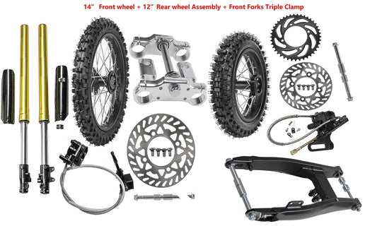 12-inch and 14-inch wheel kits, 60/100-14 and 80/100-12 front forks and swingarms, XR70, CRF50, 70, and TTR110-.