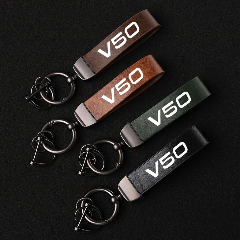 Suitable for Volvo V90 car keychain/key ring, dark brown leather horseshoe buckle gift.