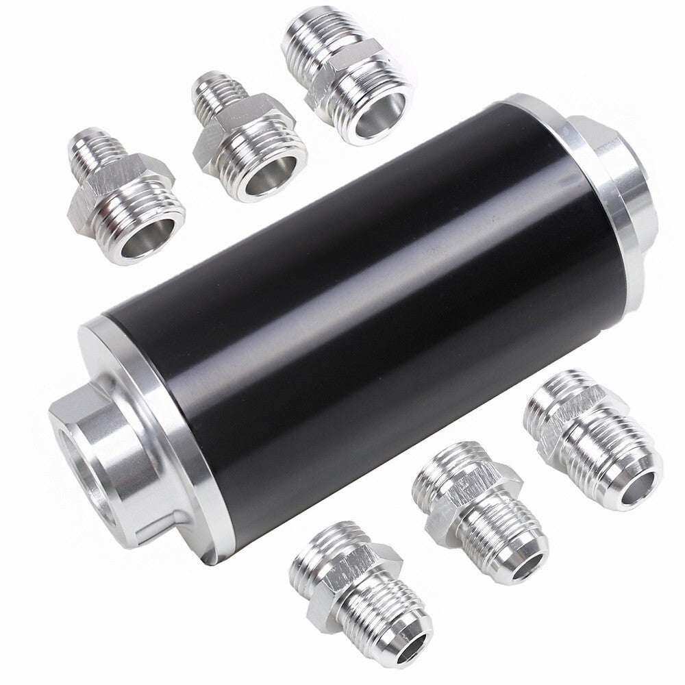 Black Inline Fuel Filter High Flow 100 Micron Cleanable 6AN/8AN/10AN-Adapter