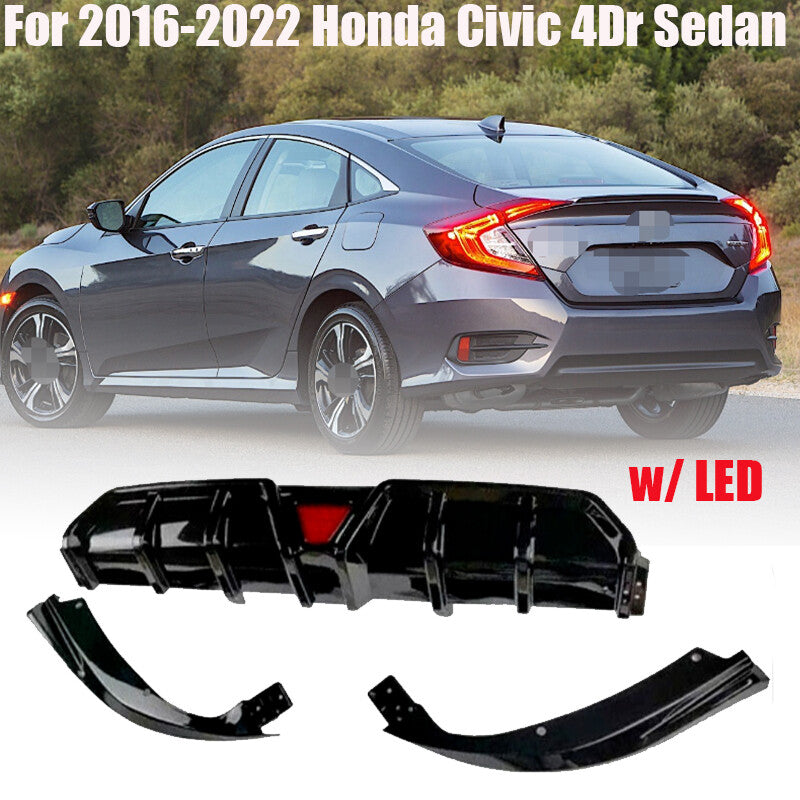 For 2016-22 for Honda for Civic 4Dr Sedan w/ LED Rear Bumper Diffuser Lip Glossy Black