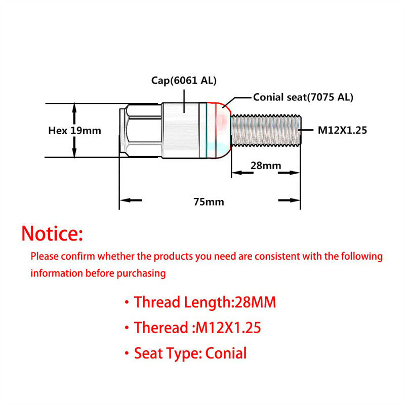20PCS M12x1.25 Blue Wheel Lug Bolt 28mm Shank Cone for Seat Stud for Jeep for Chrysler