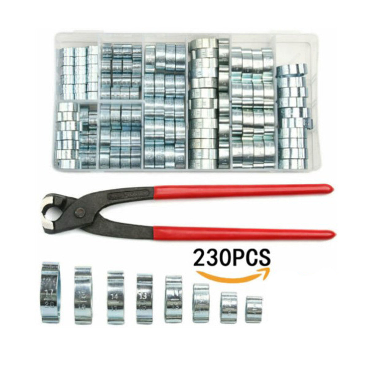 230Pcs 5-20mm Hose Clamp Double Ears Clamp Worm Drive Fuel +1PC Plier