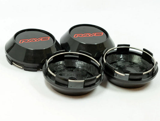 4-piece set of 68mm ray logo wheel center caps, hubcaps, rim caps, badges, black and red TE37