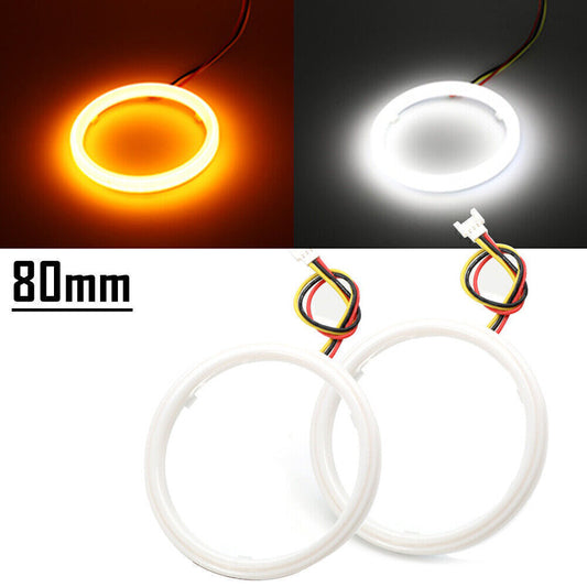 2x White Yellow 80MM Switchback LED Angel Eyes Halo Rings Car Headlight Retrofit