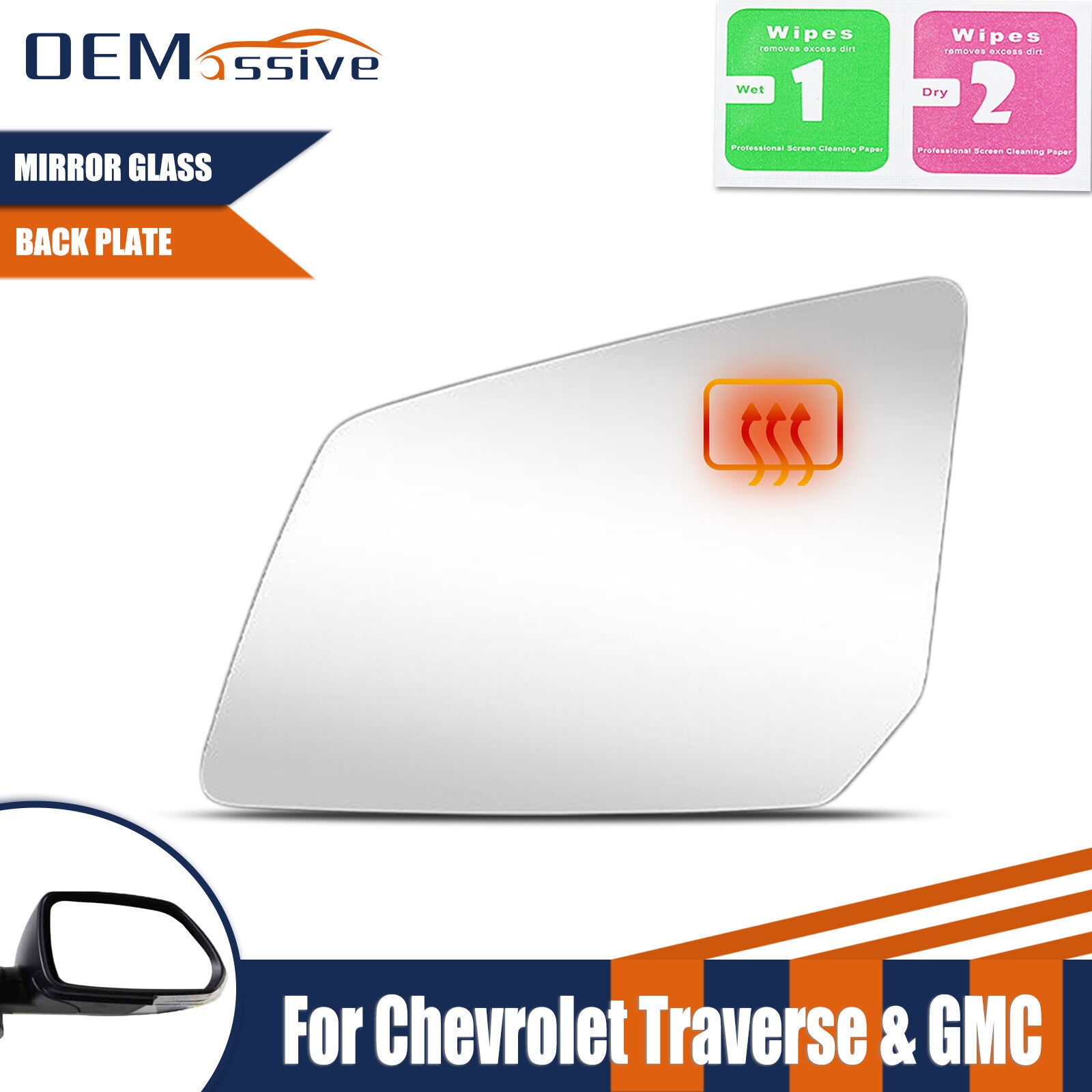 1X Driver Side Heated Mirror Glass for Chevrolet Traverse 2007-2016 w/Back Plate