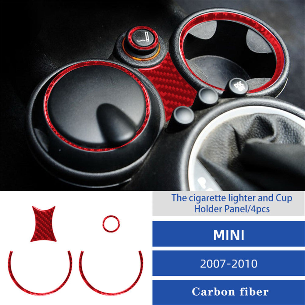Red Carbon Fiber Lighter Console Control & Cup Holder Trim Cover for Mini Cooper