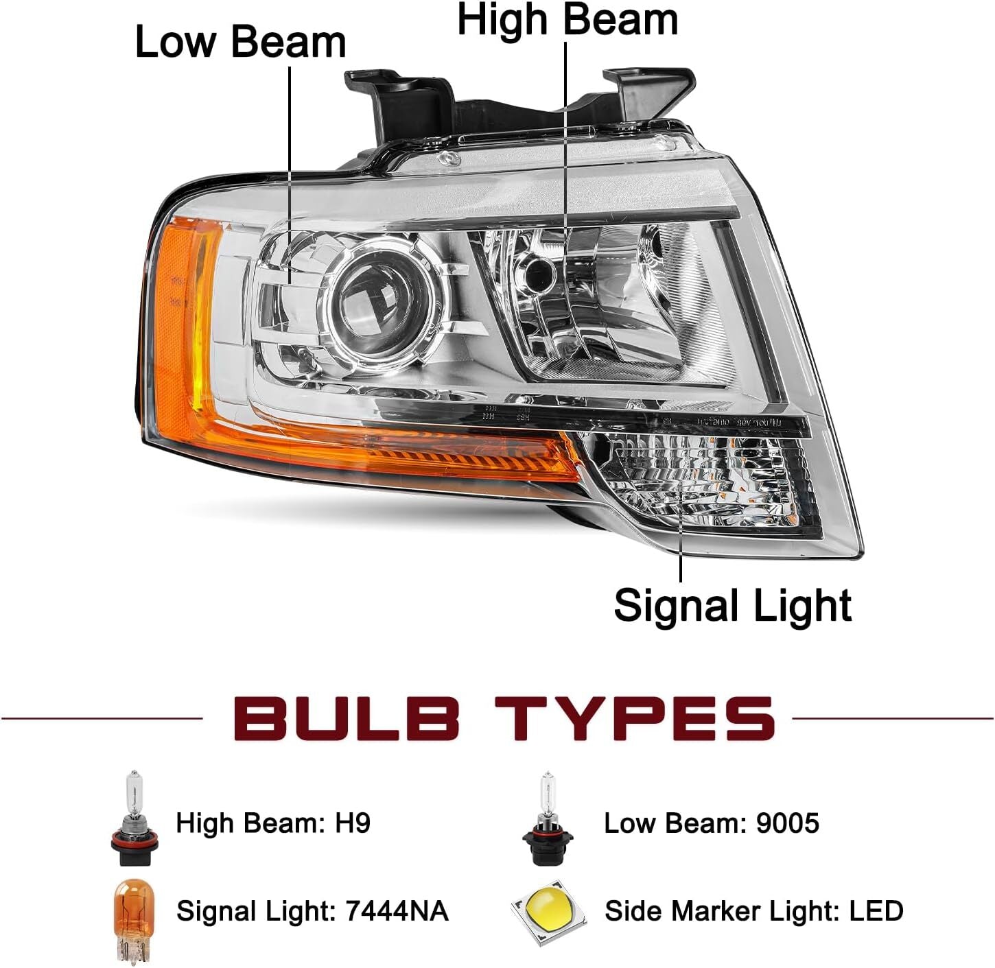 Chrome Projector Headlight Assy For 2015-2017 for Ford Expedition RH Passenger Side