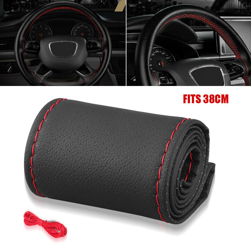15 DIY Leather Car Steering Wheel Cover Needle Thread Anti-Slip Black 37-38cm