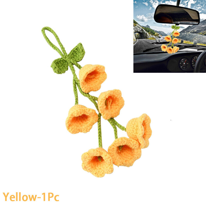 Cute handmade knitted car accessories, yellow rearview mirror hanger