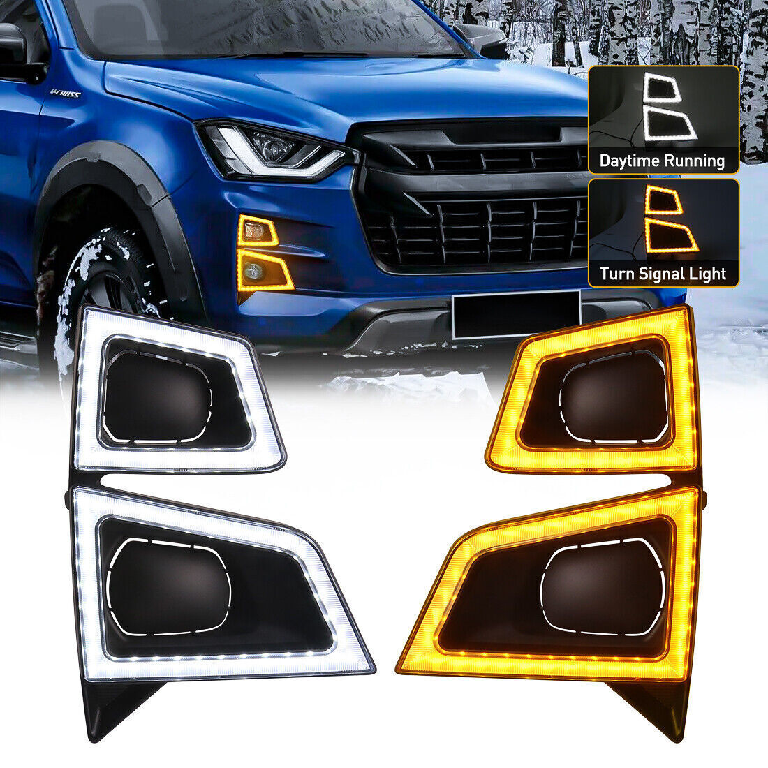 A pair of LED daytime running lights (DRL) and fog lights for Isuzu D-Max 2020, 2021, and 2022 models.
