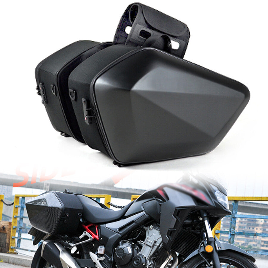 Motorcycle double saddlebag riding helmet storage hard shell side pockets waterproof