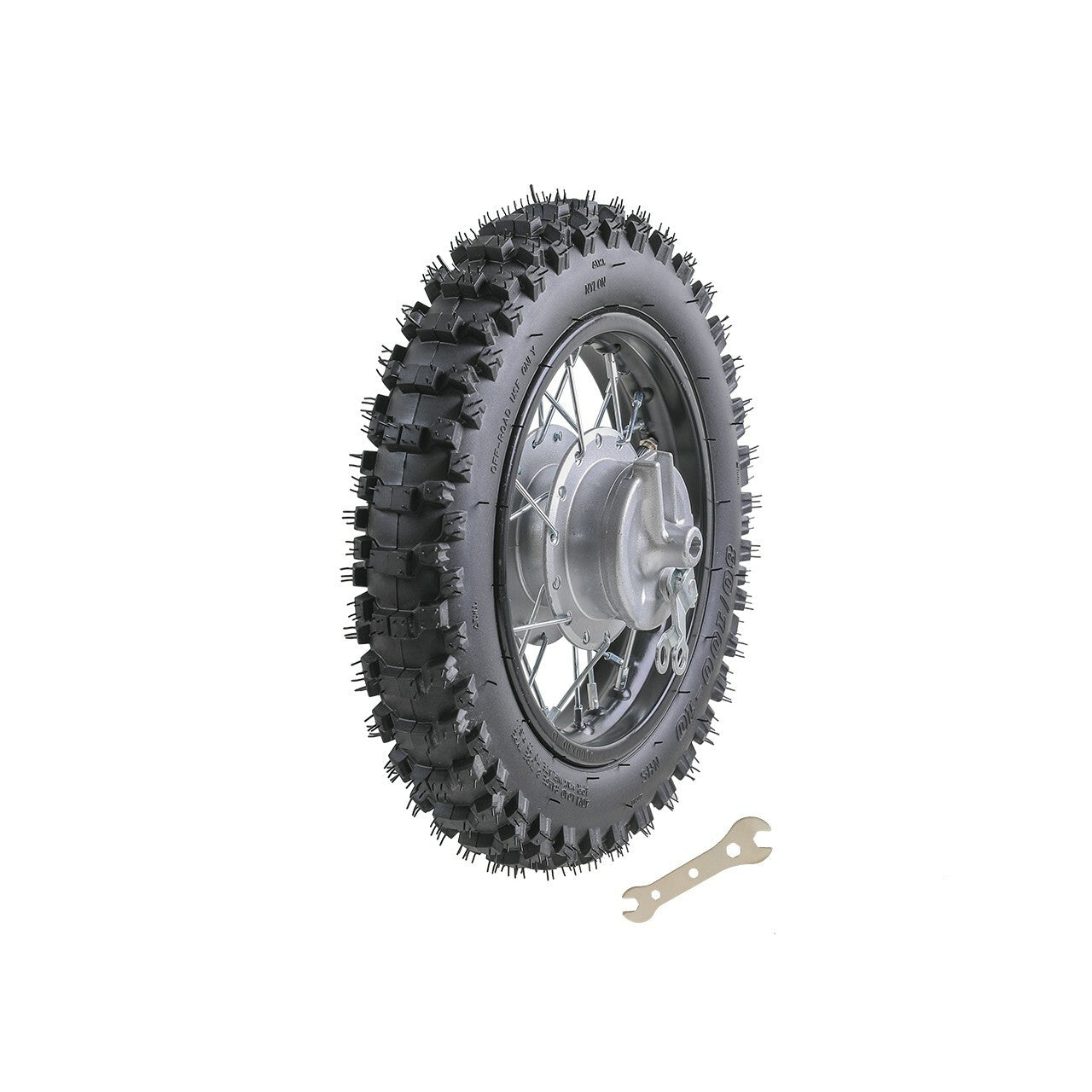 12-inch front and rear wheels, 80/100-10 tires, 60/100-12 rims, sprockets, 110cc off-road bicycle.