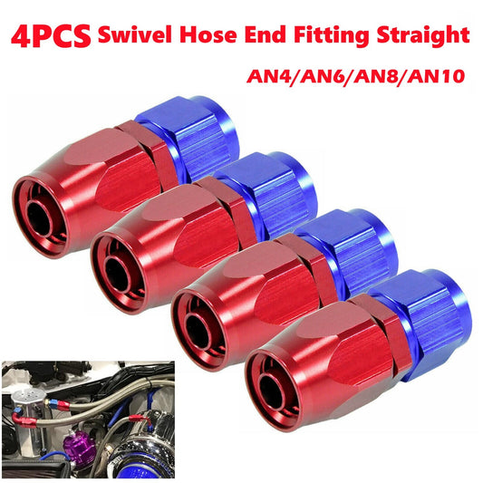 6/8/10AN swivel hose end connectors are directly compatible with braided CPE fuel hoses in blue and red (4-piece set).