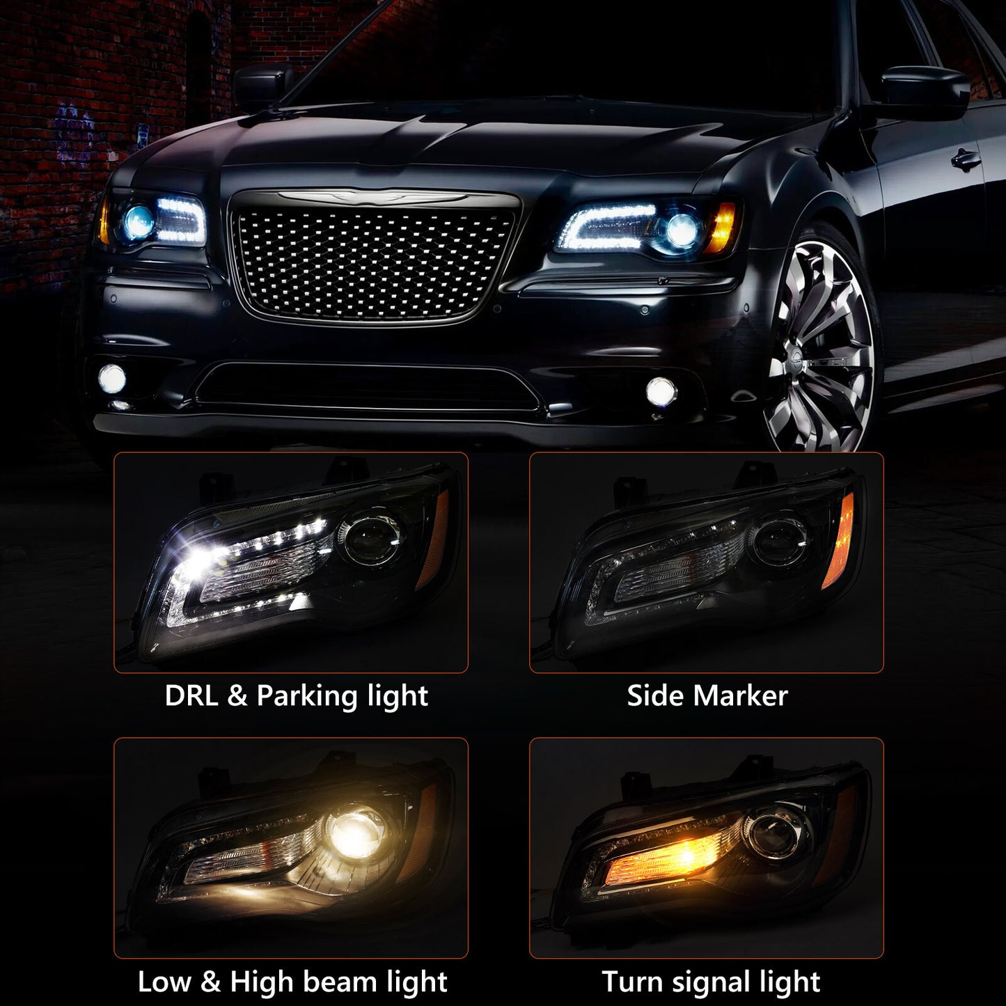 For 2011-14 for Chrysler 300 Black W/Bulbs Halogen LED DRL Headlights Healamp LH RH