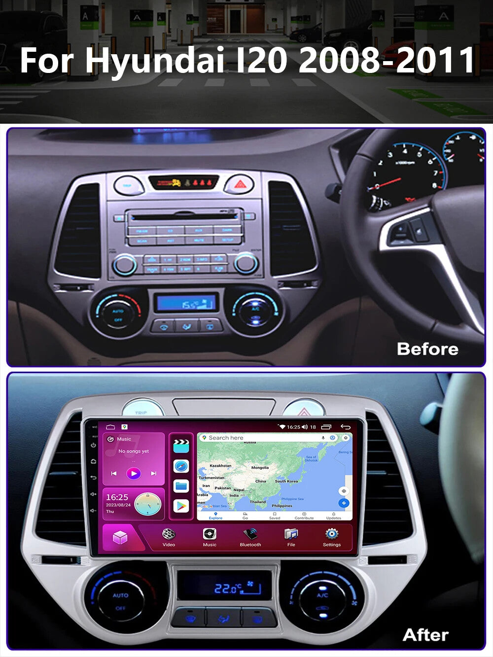 Android Auto CarPlay Screen for Hyundai I20 2008-2011 Car Stereo Radio GPS Navi