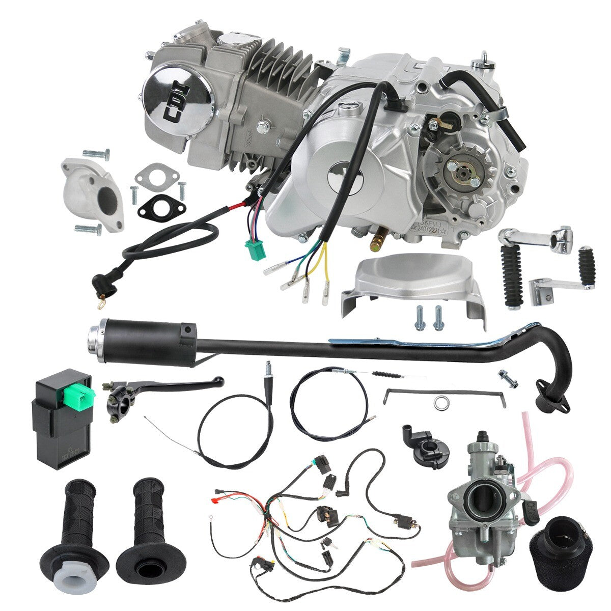 140cc engine, motor, and complete electric starter kit suitable for Dirt Pit bicycles, for Honda CT70, CT90, and 110cc models.