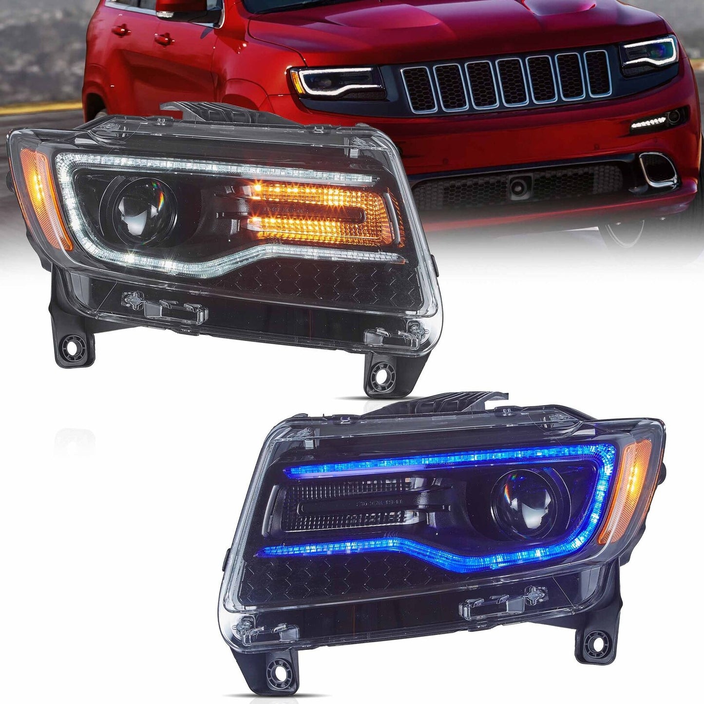 VLAND Full LED Headlights for 2011-2013 for Jeep Grand Cherokee with Blue Animation Package