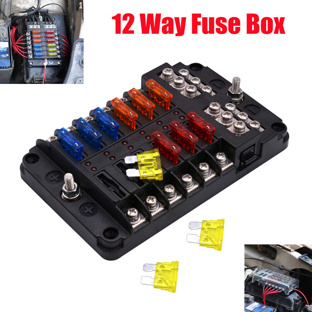 12-channel automatic fuse box, 32V with LED indicator, suitable for use in cars, trucks, boats, RVs, and ships.