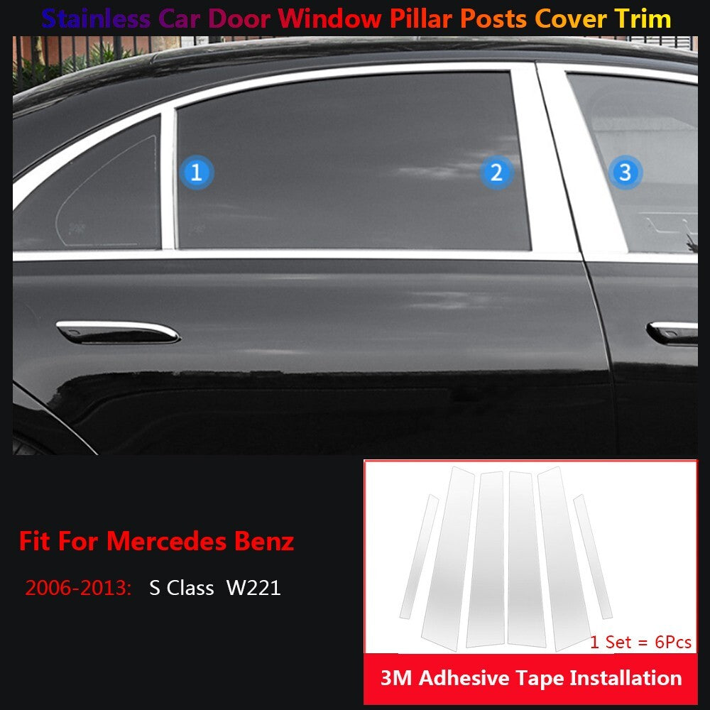 6x for Mercedes-Benz S W221 2006-2013 Stainless Car Window B C Pillar Post Cover